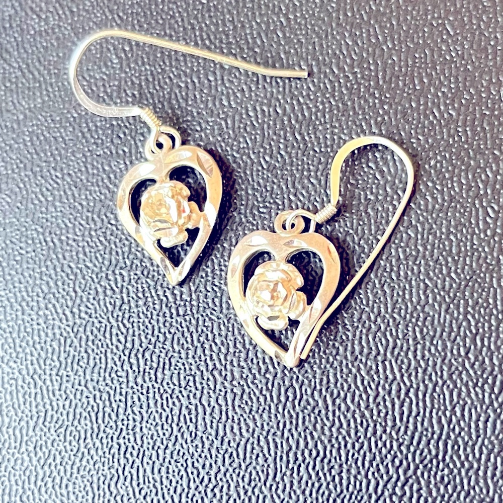 925 Sterling Silver Heart & Rose Dangle Earrings